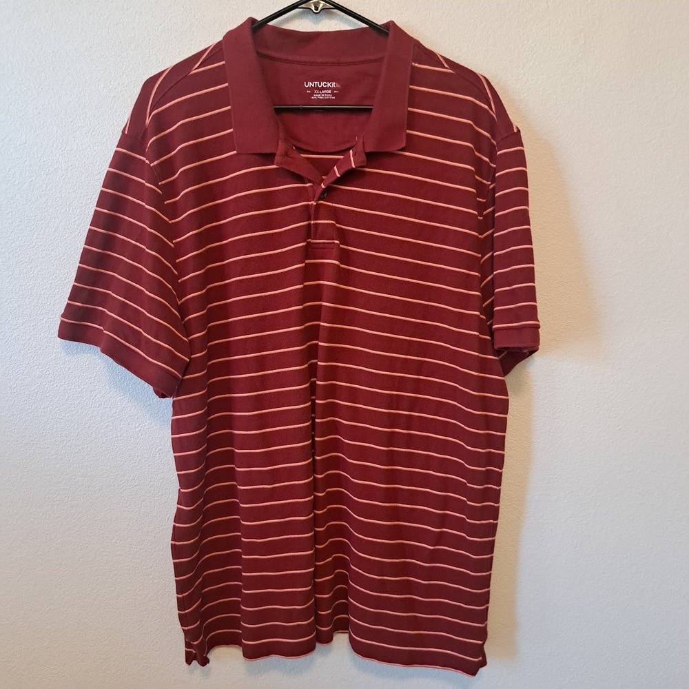 UNTUCKit Mens XXL Pima Cotton Striped Short Sleeve Polo Shirt Burgundy Red